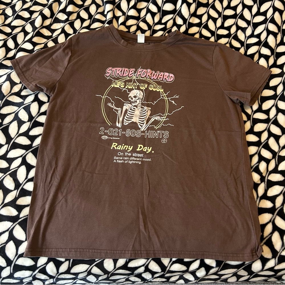 Brown Graphic T-Shirt with Skeleton Design